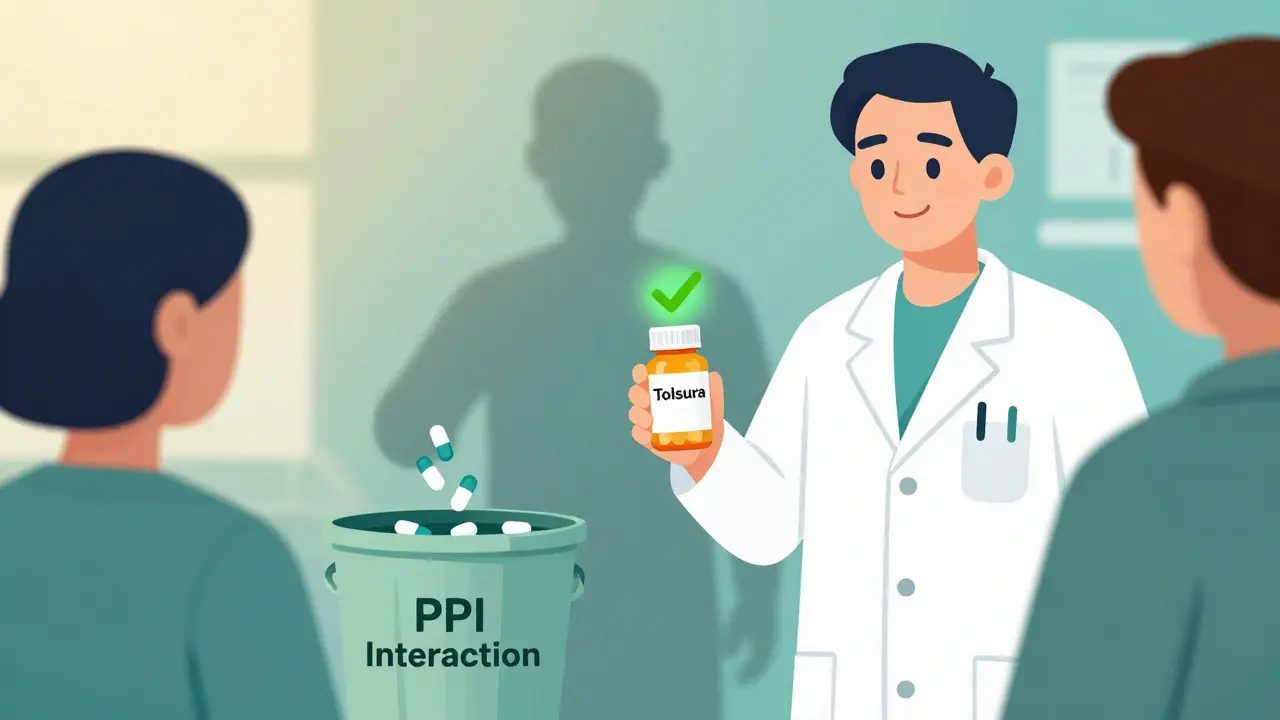 Pharmacist gives patient new Tolsura pill while old capsules are thrown away, symbolizing improved treatment.