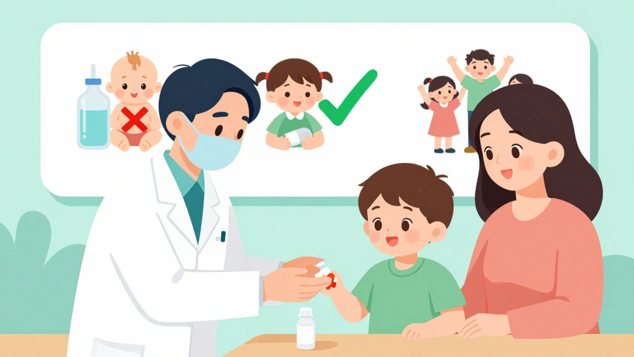 Pharmacist giving mini-tablets to a child, parent watching, icons showing transition from liquid to tablets.