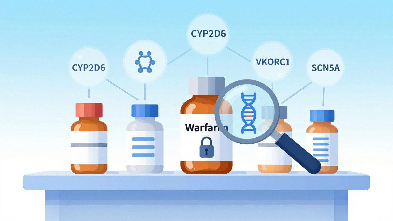 Pharmacy shelf with medicine bottles linked to gene icons, showing personalized drug matching via DNA key