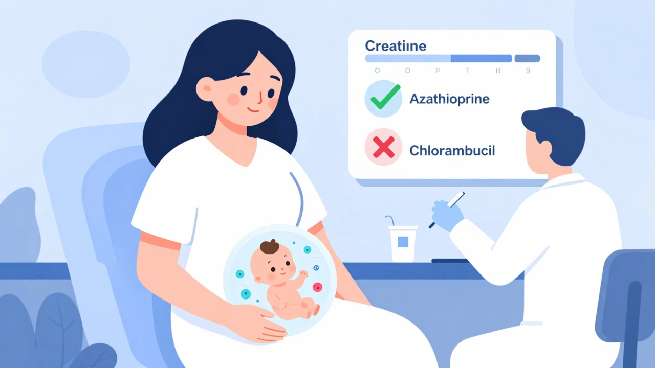 Pregnant woman with transparent baby showing low immune cells, doctor monitoring blood test and breastfeeding safety.