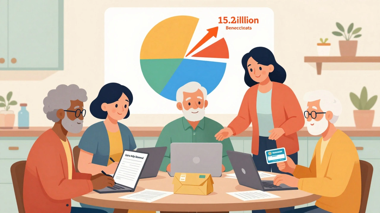 Seniors and counselor reviewing Extra Help renewal forms at kitchen table