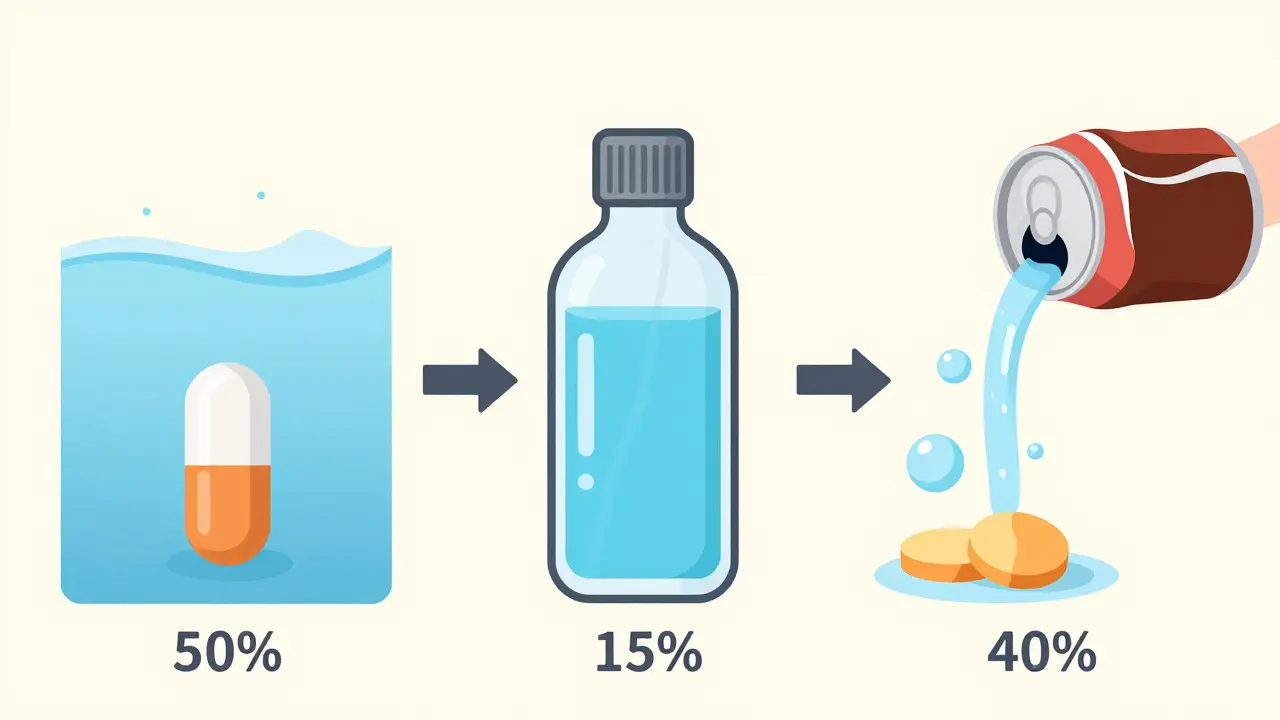 Side-by-side comparison of antifungal formulations: capsule, liquid, and tablet with acidic cola helping absorption.