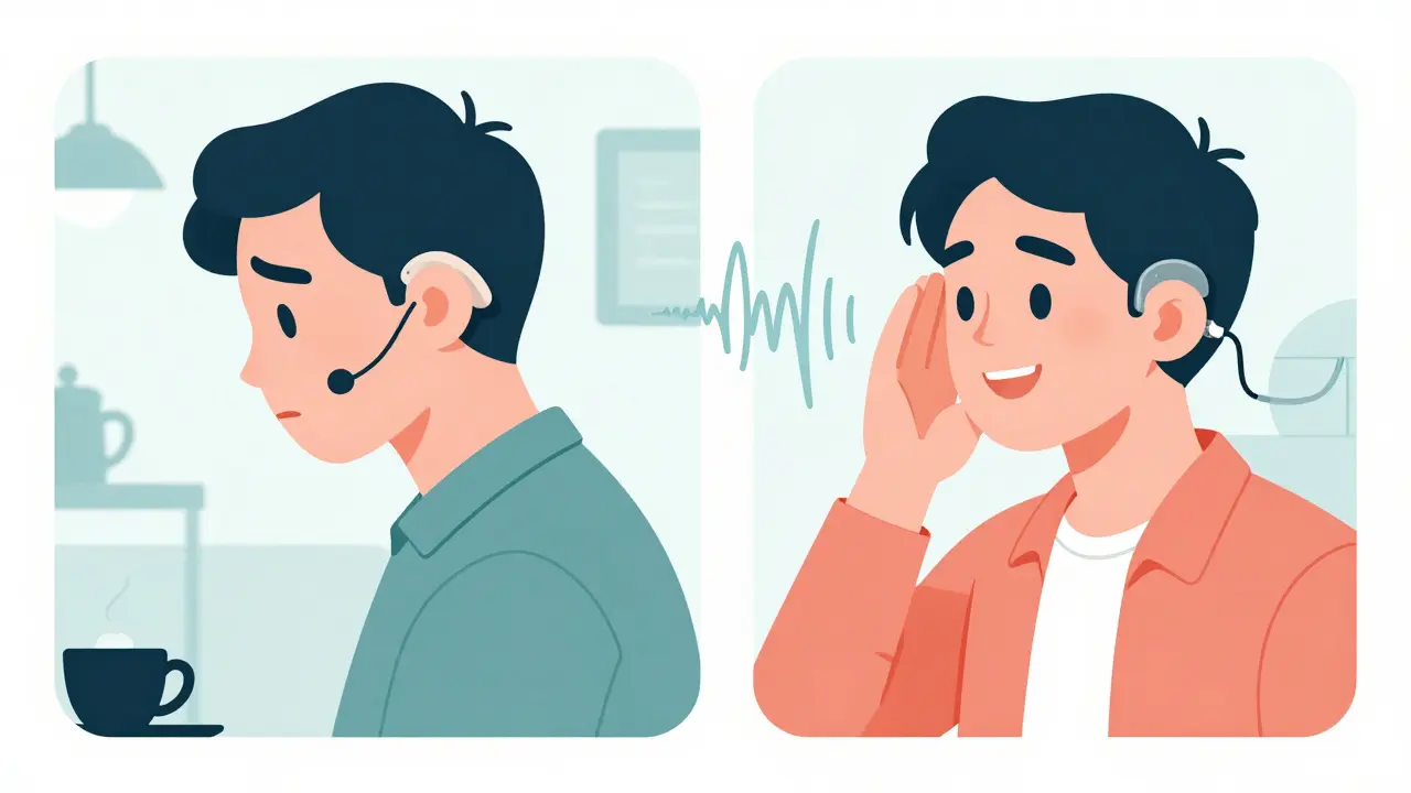 Side-by-side comparison of someone using a CROS device versus a bone-anchored device in a noisy environment.