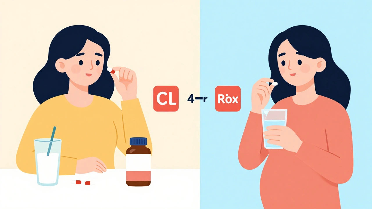 Side-by-side flat cartoon comparison: taking prenatal vitamin with milk vs. water, showing reduced vs. optimal folic acid absorption.