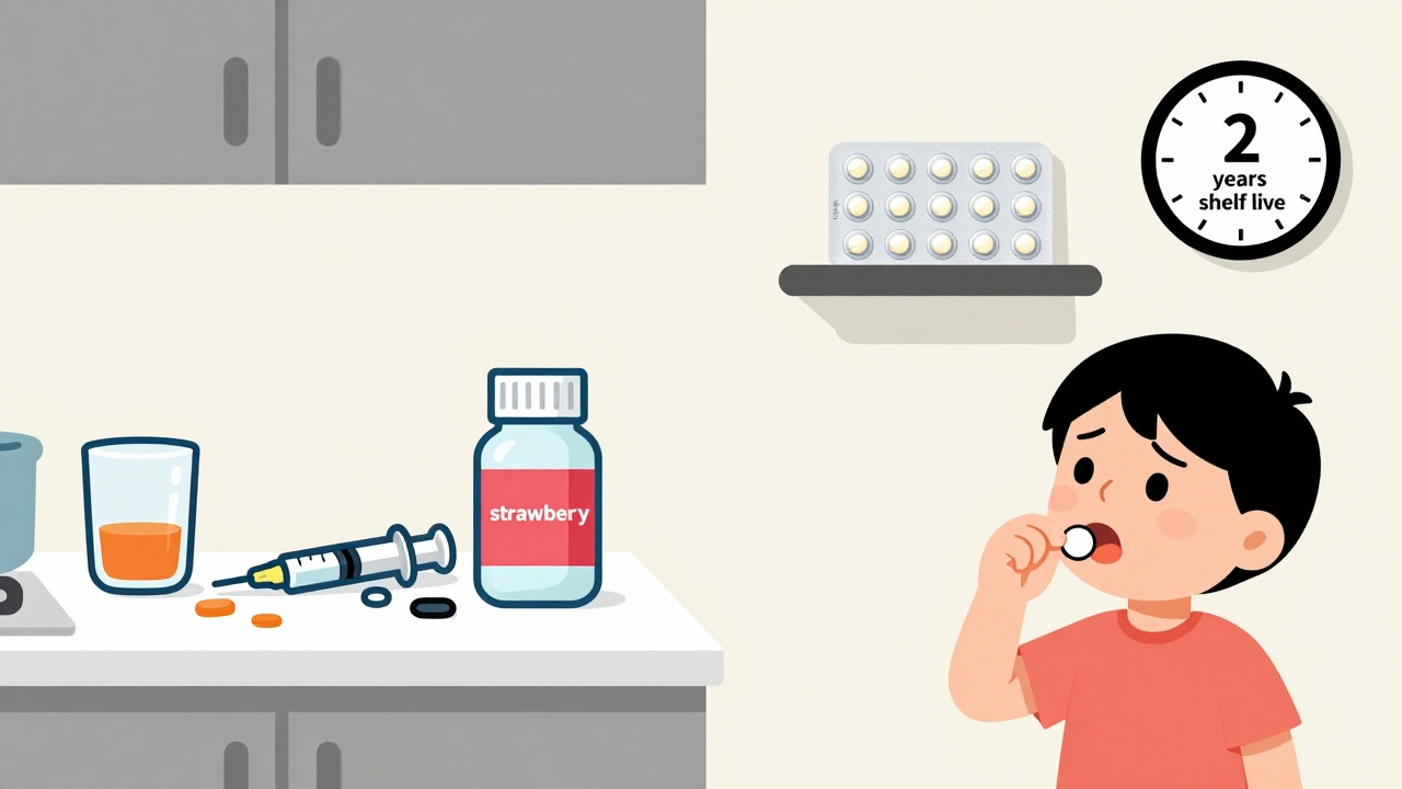 Side-by-side: messy liquid medicine vs. neat tablet packaging with child swallowing confidently.