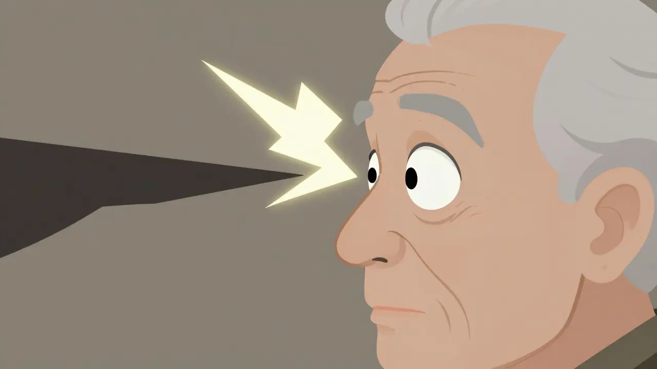 Someone experiences sudden flashes of light and a dark shadow spreading in their peripheral vision.