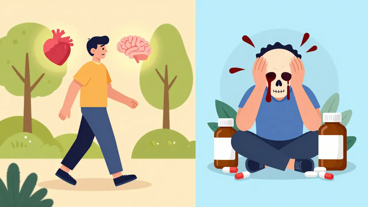 Split scene: healthy person walking vs. person with brain bleed surrounded by herbal supplements.