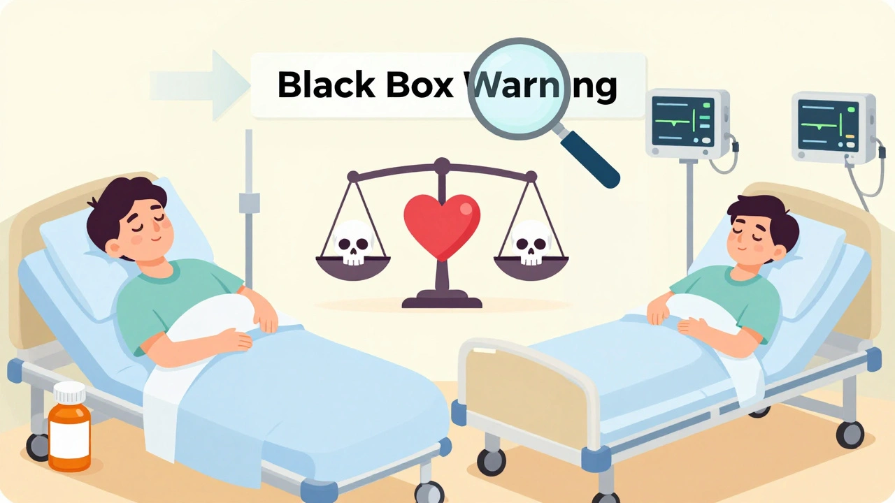 Split-screen illustration showing patient safety versus risk, balanced by a scale and magnifying glass over a black box warning.