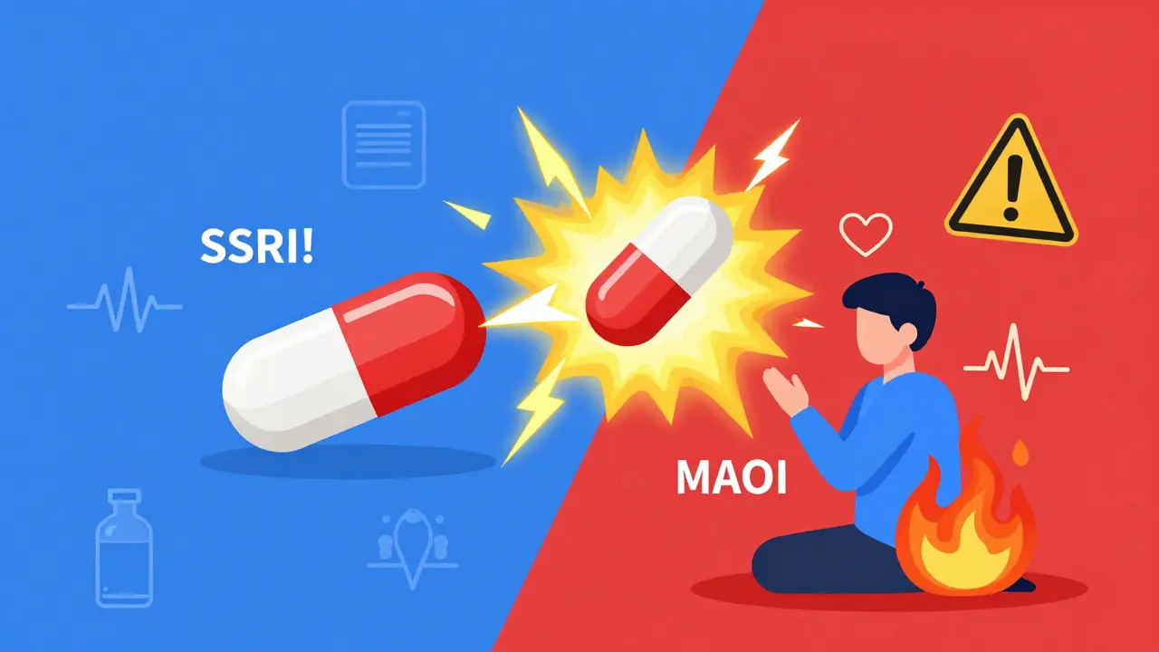 SSRI and MAOI pills merging into a dangerous serotonin storm with warning signs.