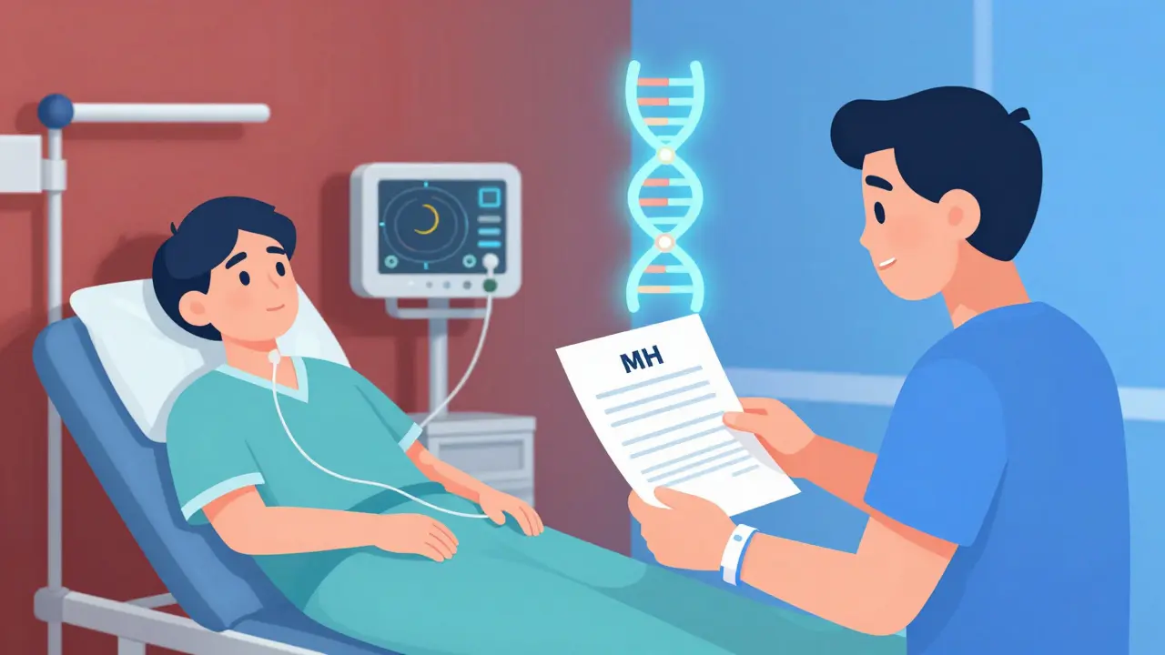 Survivor of malignant hyperthermia handing diagnosis letter to dentist while a CRISPR strand glows above, symbolizing future treatment.