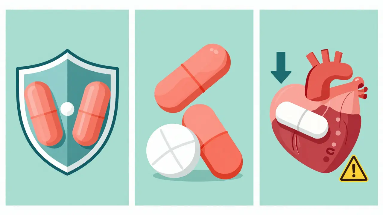 Three drug interaction types shown as simple icons: synergy, additivity, and antagonism.