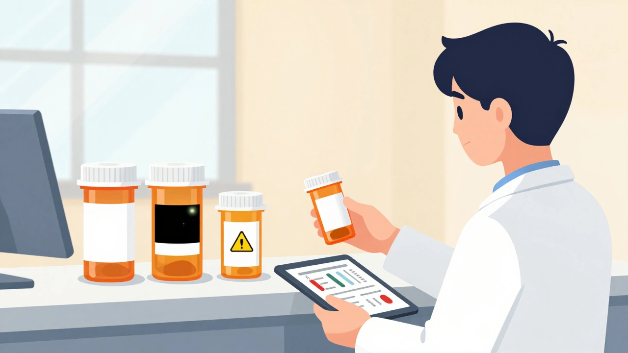 Three prescription bottles at a pharmacy counter, one prominently marked with a black box warning, being handed to a young adult.