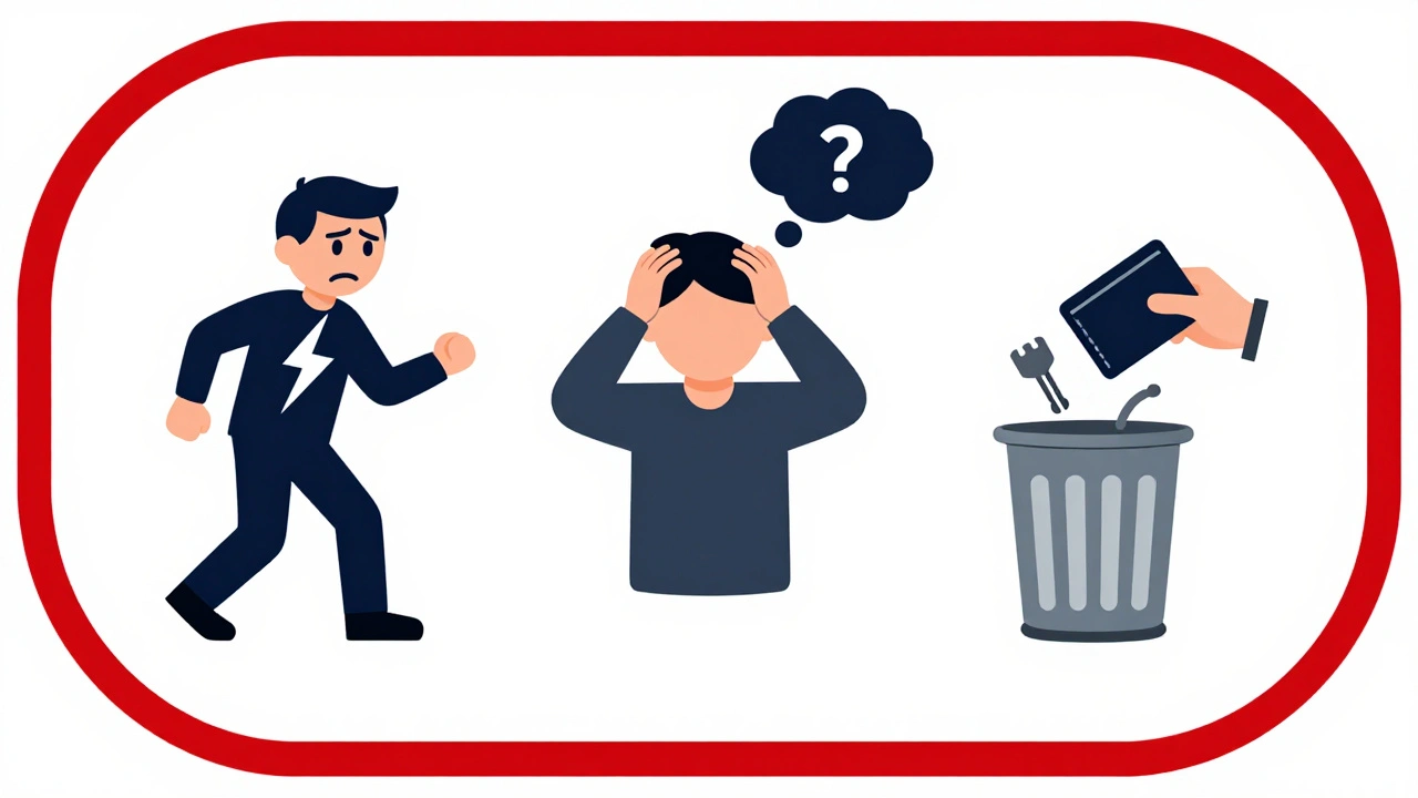 Three symbolic icons showing restlessness, alien thoughts, and impulsive actions in a circular warning design.