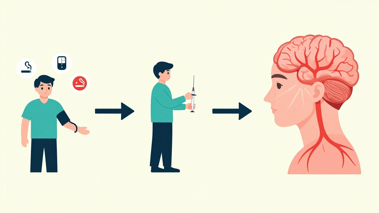Timeline showing RVO risk factors, treatment, and improved vision outcome