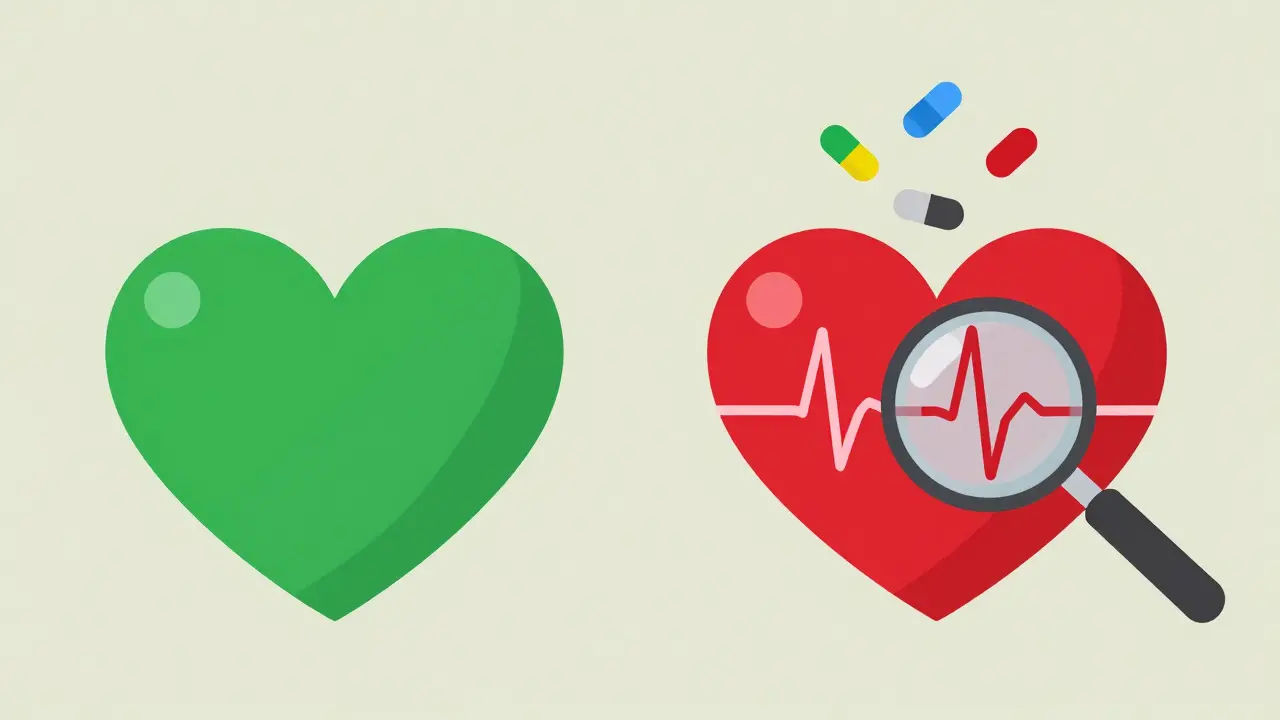 Two heart ECGs side by side: normal vs. dangerously prolonged QT interval.