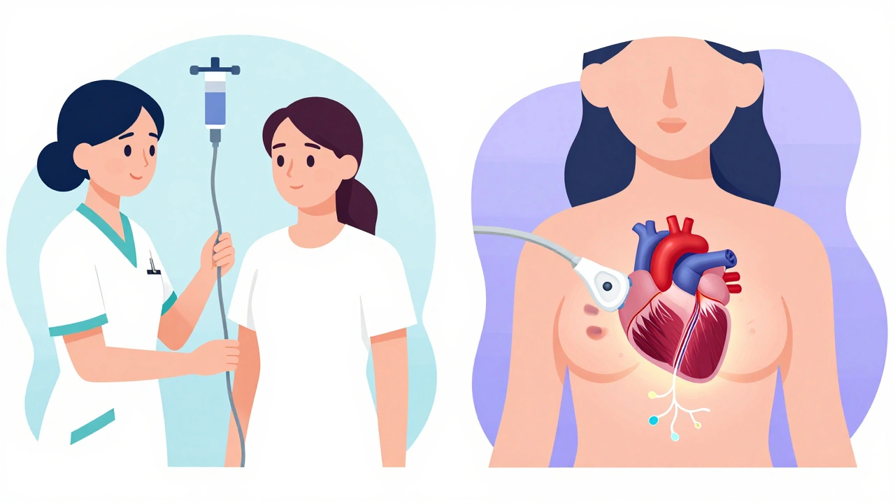 Woman undergoing chemical stress test with ultrasound imaging showing blood flow in the heart.
