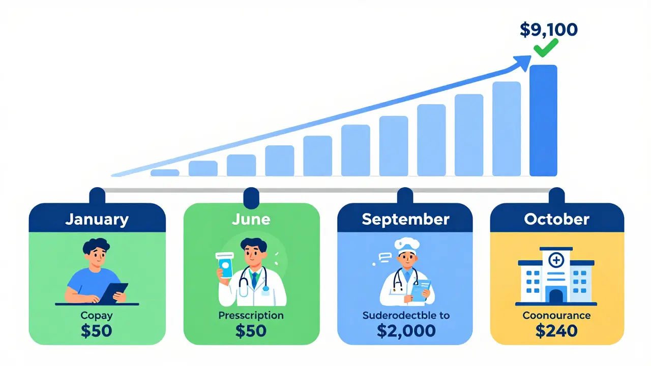 Year-long timeline showing healthcare costs rising from copays to coinsurance, capped at out-of-pocket maximum.