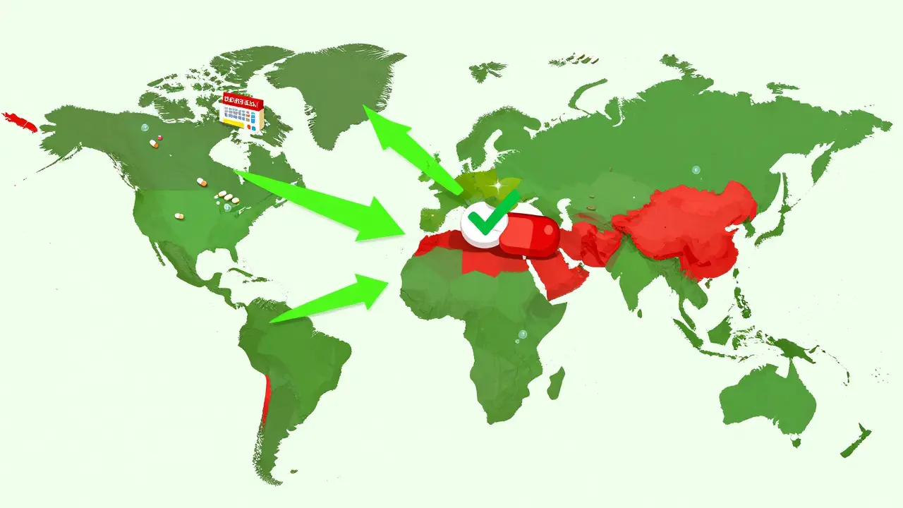 A global map showing abundant combo pills in the U.S. and scarce access in low-income countries.