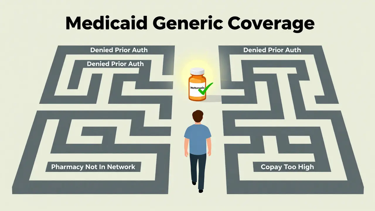 A patient navigating a maze of Medicaid barriers, ending with a pill bottle symbolizing successful access despite systemic obstacles.