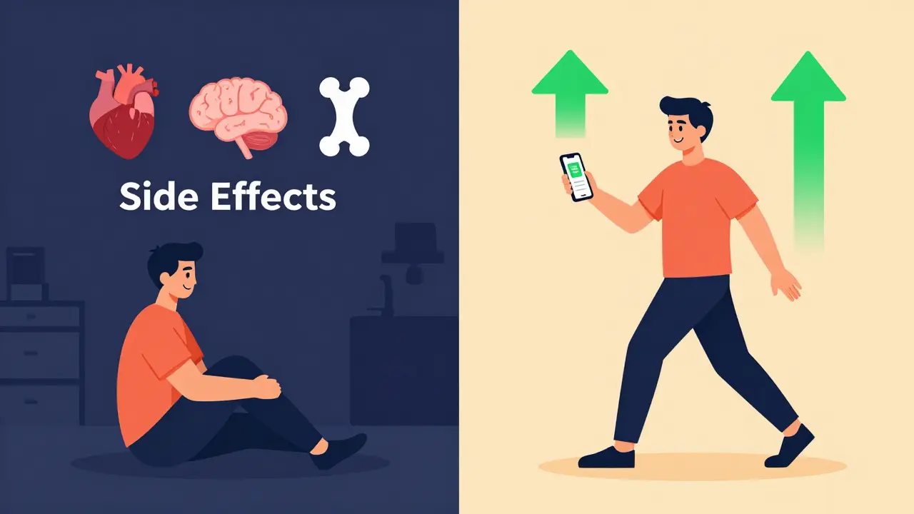 A person transitioning from isolation with medical burdens to active recovery with exercise and symptom tracking.