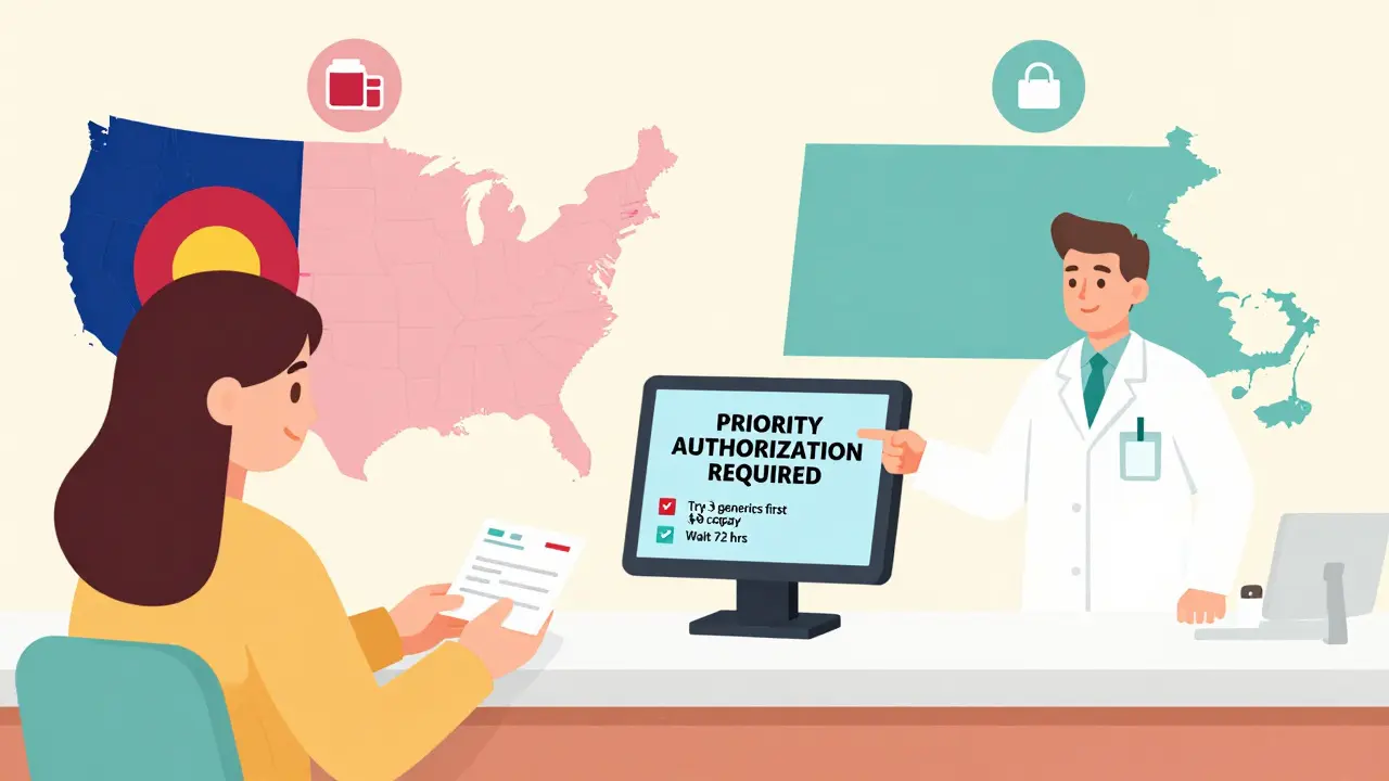 A pharmacy scene with a patient and pharmacist facing a prior authorization screen, contrasting state-specific drug access rules visually.