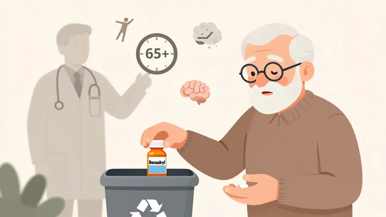 An older adult switching from Benadryl to a safer allergy medication, with health warning icons nearby.