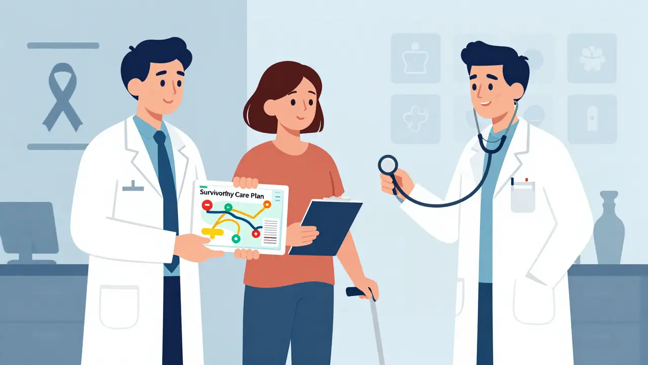 An oncologist handing a survivorship care plan to a primary care doctor, with the patient between them.