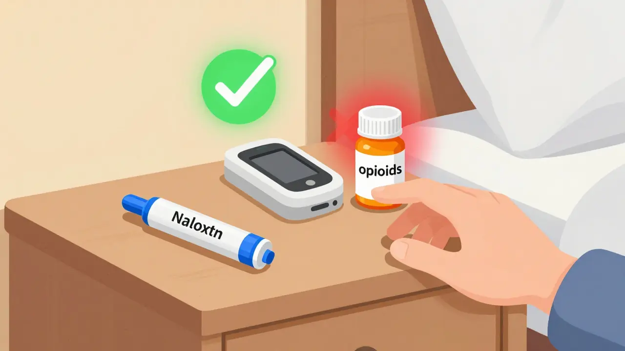 Bedside scene with naloxone, sleep monitor, and opioid pills, highlighting a lifesaving choice during sleep.