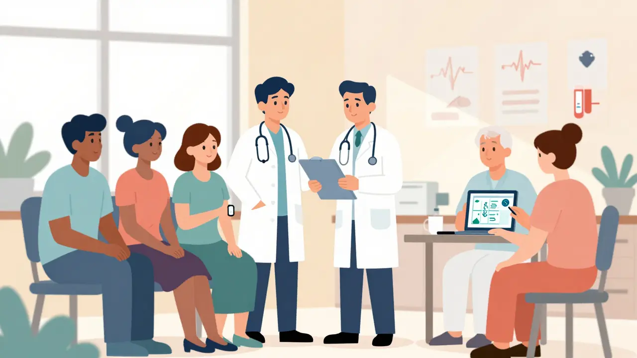 Diverse patients receiving guidance from a navigator in a clinic, with wearable health tech visible.