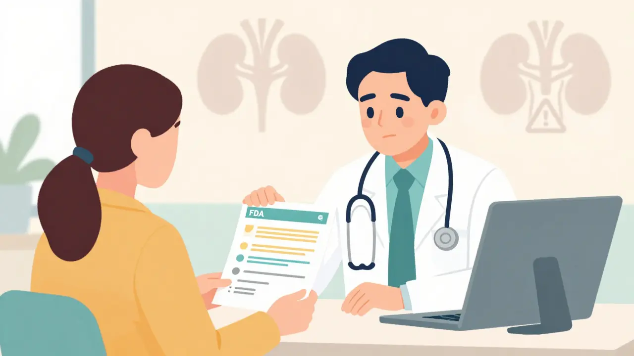 Doctor and patient discussing a printed FDA alert during a clinic visit.