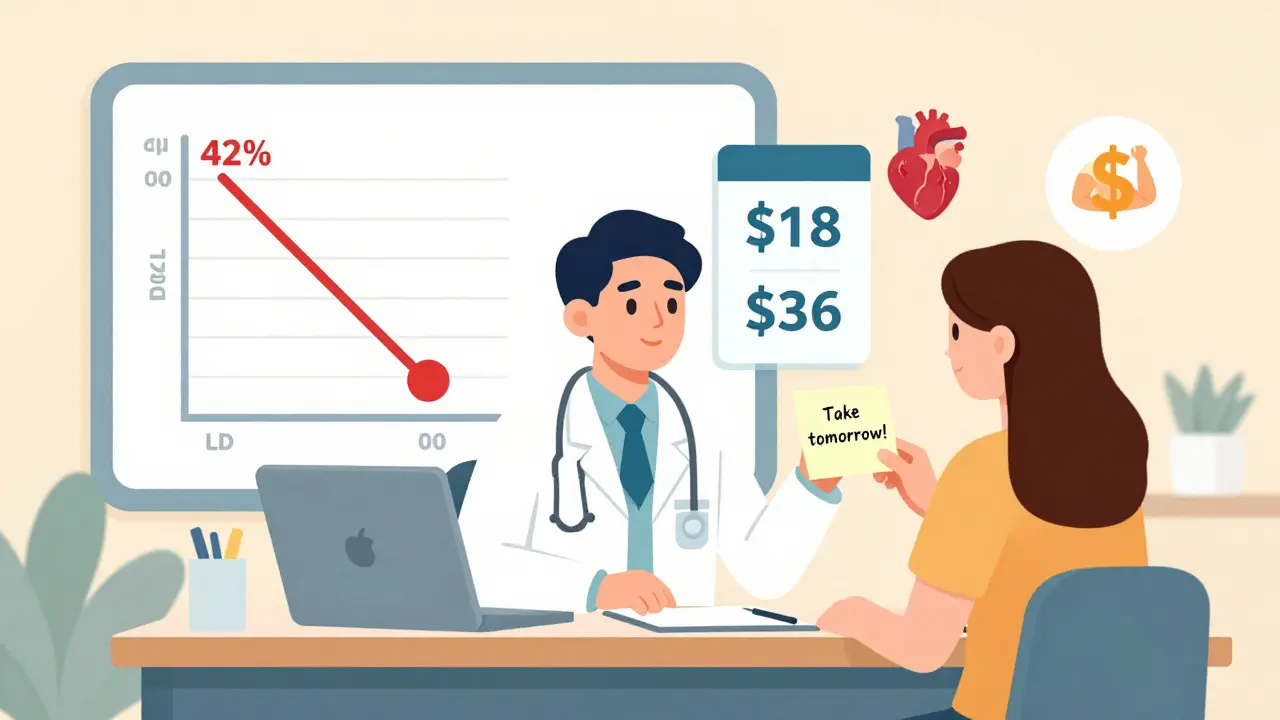 Doctor and patient reviewing LDL reduction chart and cost savings for alternate-day dosing.