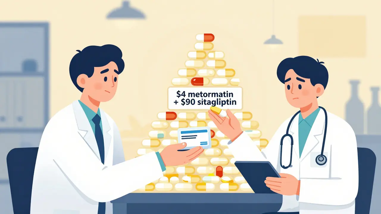 Doctor giving a patient a single combo pill while a pyramid of cheaper generic pills towers behind them.
