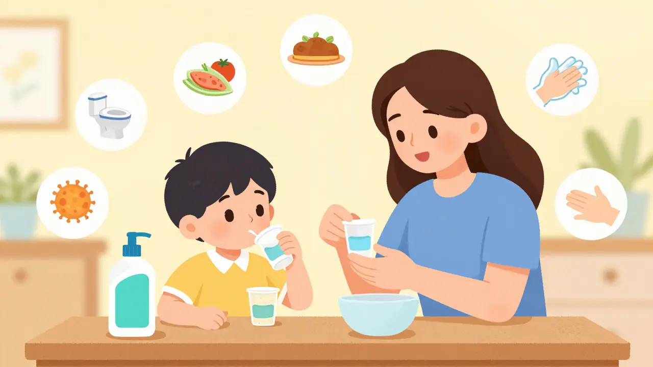 Family giving oral rehydration solution to a child during norovirus outbreak.