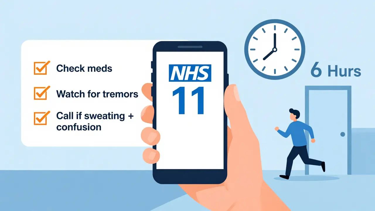 Hand holding phone with NHS 111 number and checklist for preventing serotonin syndrome.