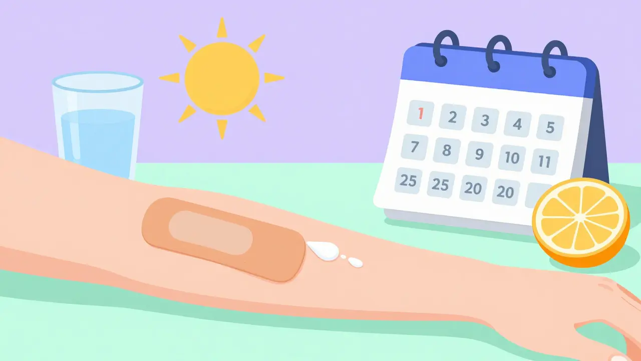 Healed wound with silicone sheet and sunscreen being applied, symbolizing scar prevention.