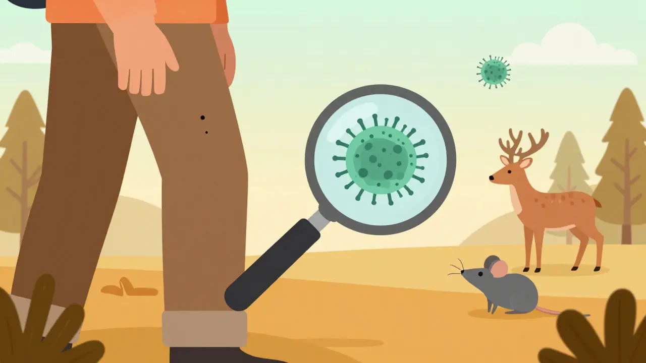 Hiker with tick on pants, surrounded by forest animals and tweezers