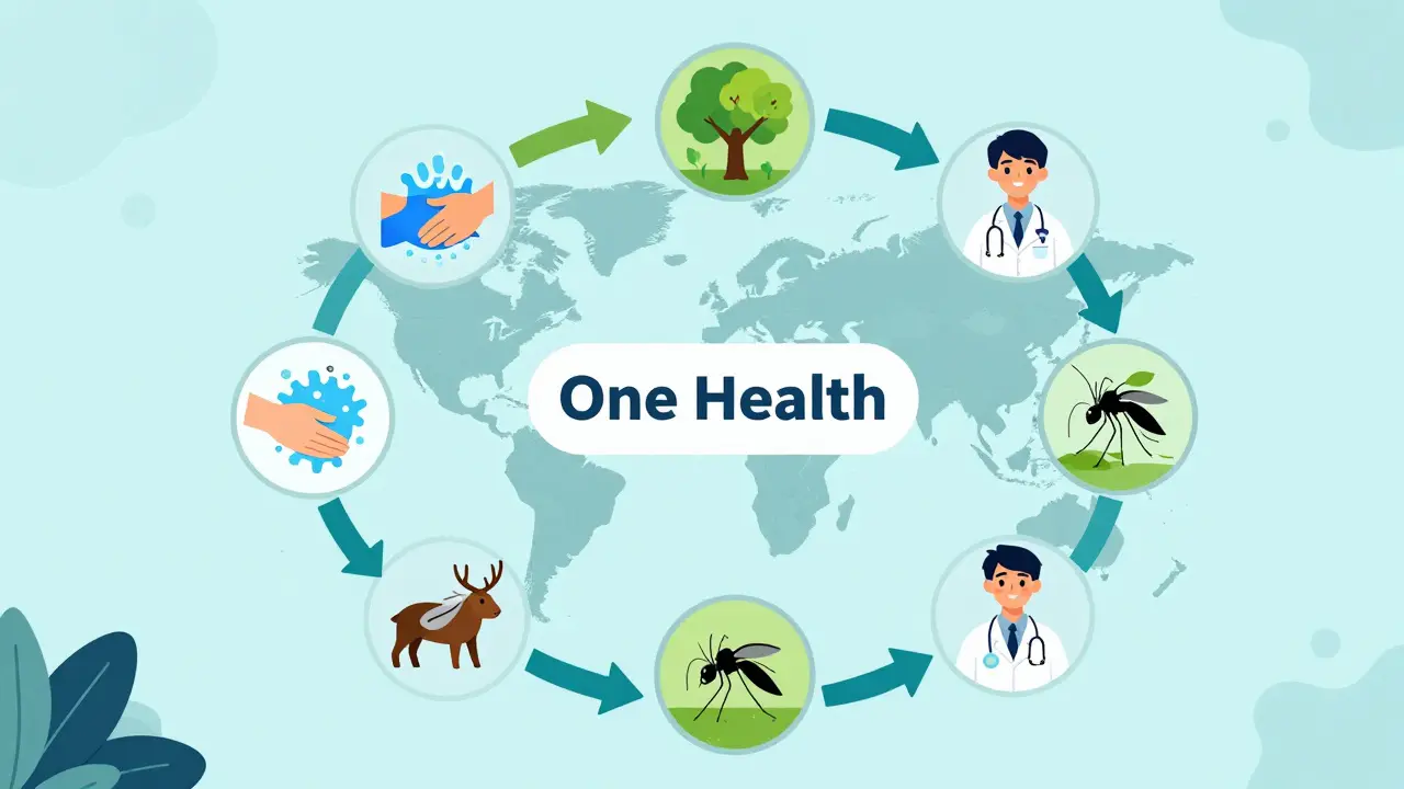 Interconnected human, animal, and environment icons forming a One Health circle