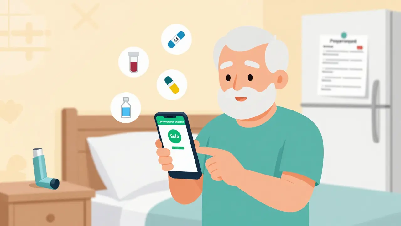 Older adult using a COPD safety app on smartphone with medication icons floating nearby