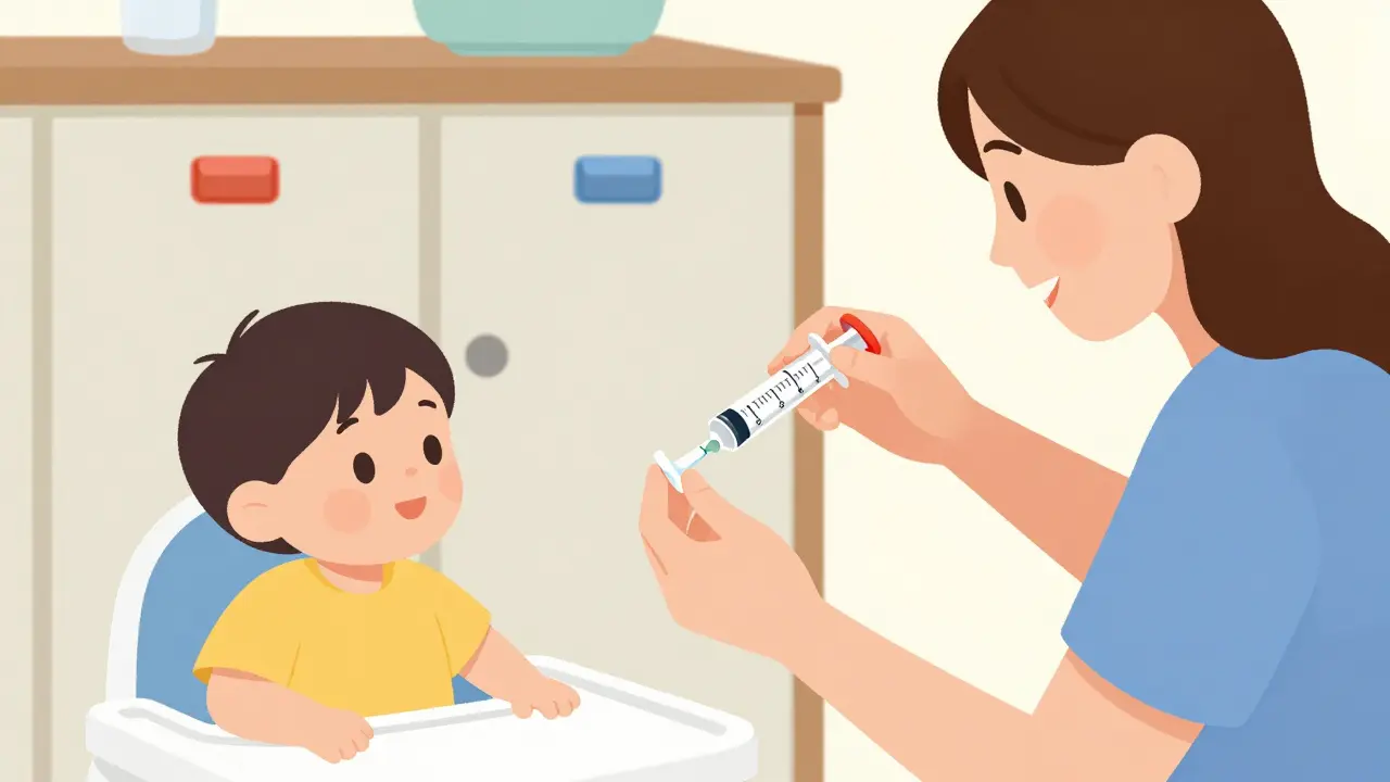 Parent using a dosing syringe to give medicine while child watches, child-resistant cap secured in locked cabinet.