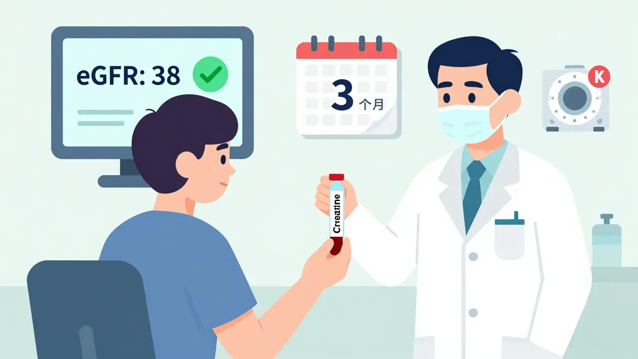Patient getting blood test with eGFR reading of 38 and CT scan pause symbol, showing monitoring protocol.
