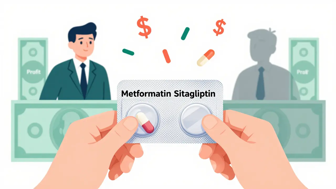 Patient holding two separate generic pills in a blister pack, with dollar bills falling away as a shadowy figure watches.