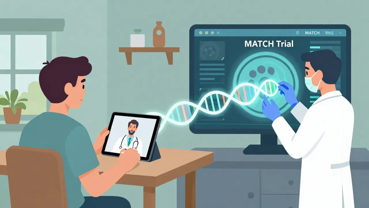 Patient in rural home video-calling a doctor while scientist analyzes genetic data in a lab, symbolizing decentralized trials.