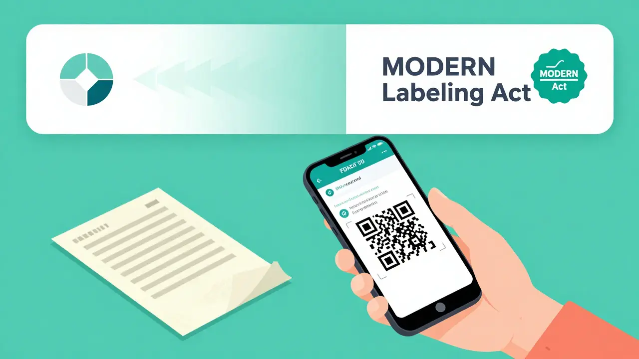 Patient scans QR code to see current FDA label on phone, while old paper insert is discarded beside them.