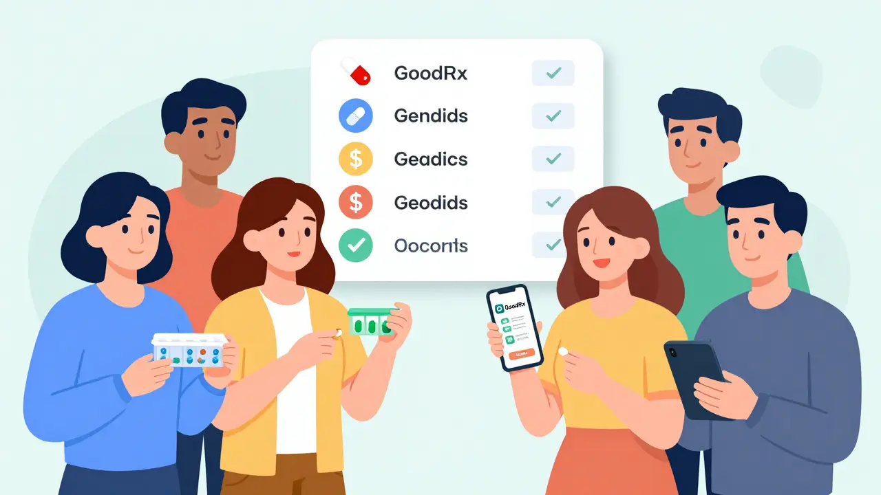 Patients comparing cash prices of separate pills versus combo pills using smartphone apps on a kitchen counter.