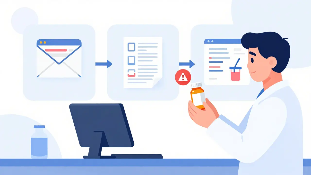 Person at pharmacy with FDA alert icon above prescription bottle.