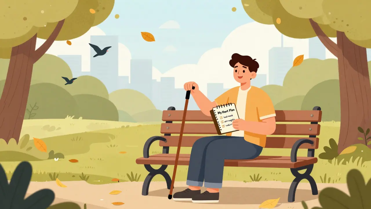 Person on a park bench with notebook marking heart-healthy habits, calm surroundings.