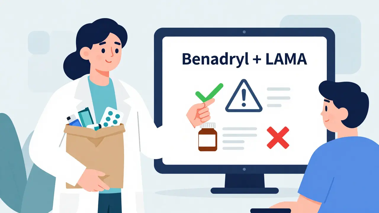 Pharmacist reviewing medications in a brown bag with a safety app display