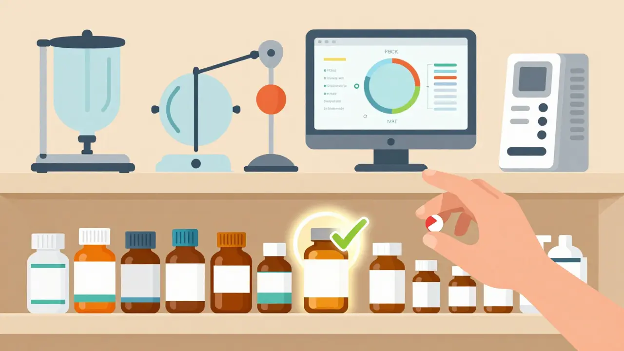 Pharmacy shelf with glowing generic bottle and scientific tools floating nearby