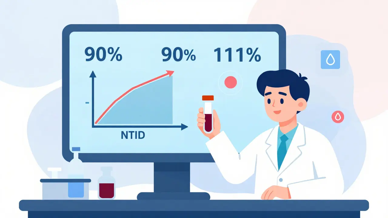 Scientist with blood vial and NTID confidence interval display in medical illustration