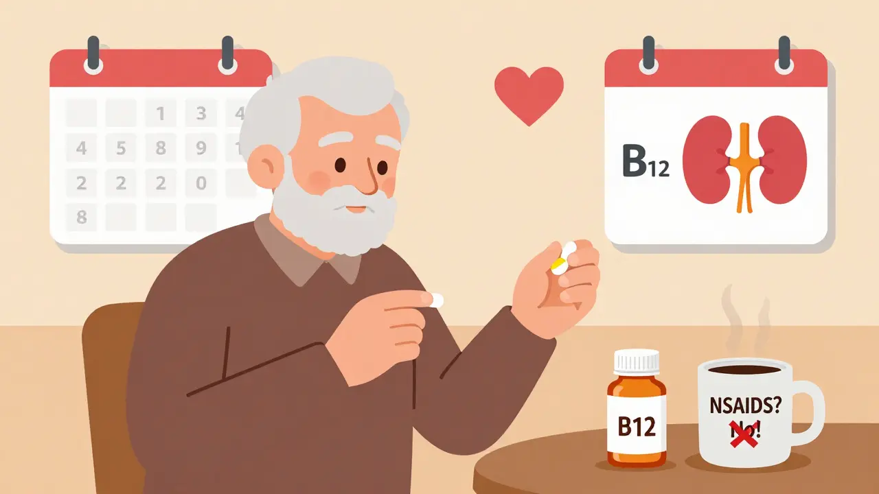 Senior taking metformin and B12 supplement, avoiding NSAIDs, with safety reminders in daily routine.